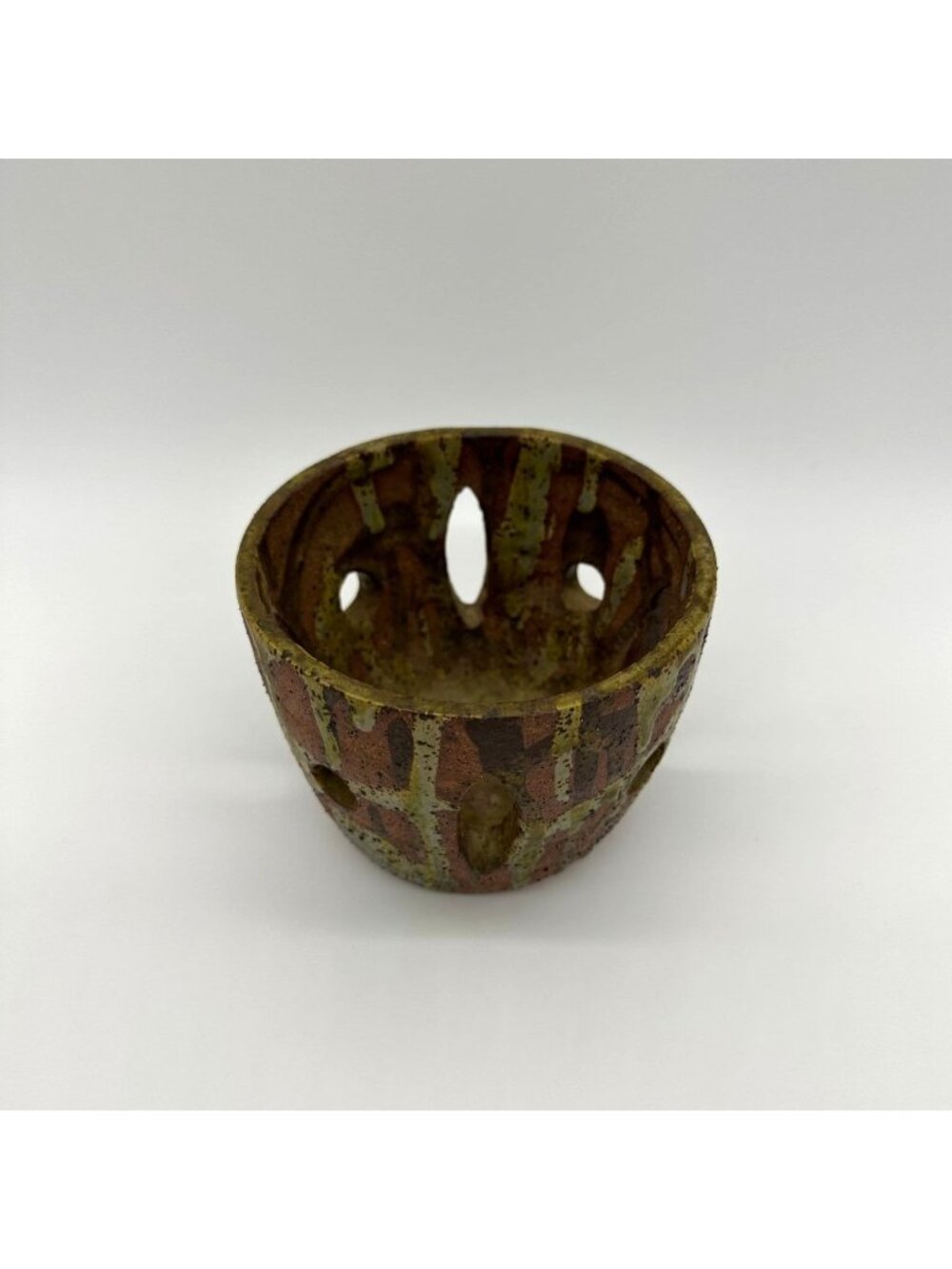 Vintage Art Pottery Candle Holder Votive Signed RC 1980s Rustic Brown Green Drip